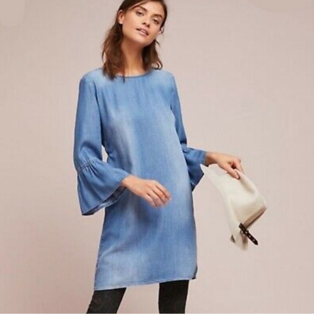 Anthropologie Cloth & Stone Blue Chambray Dress Tie Back Bell Sleeve Sz Small